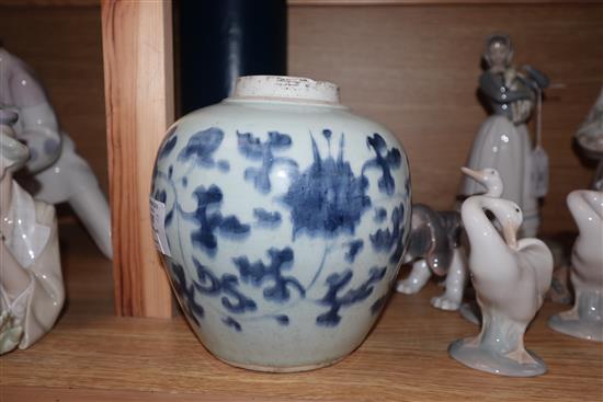 A 17th century Chinese blue and white ovoid jar, unglazed base height 17.5cm, lacking cover